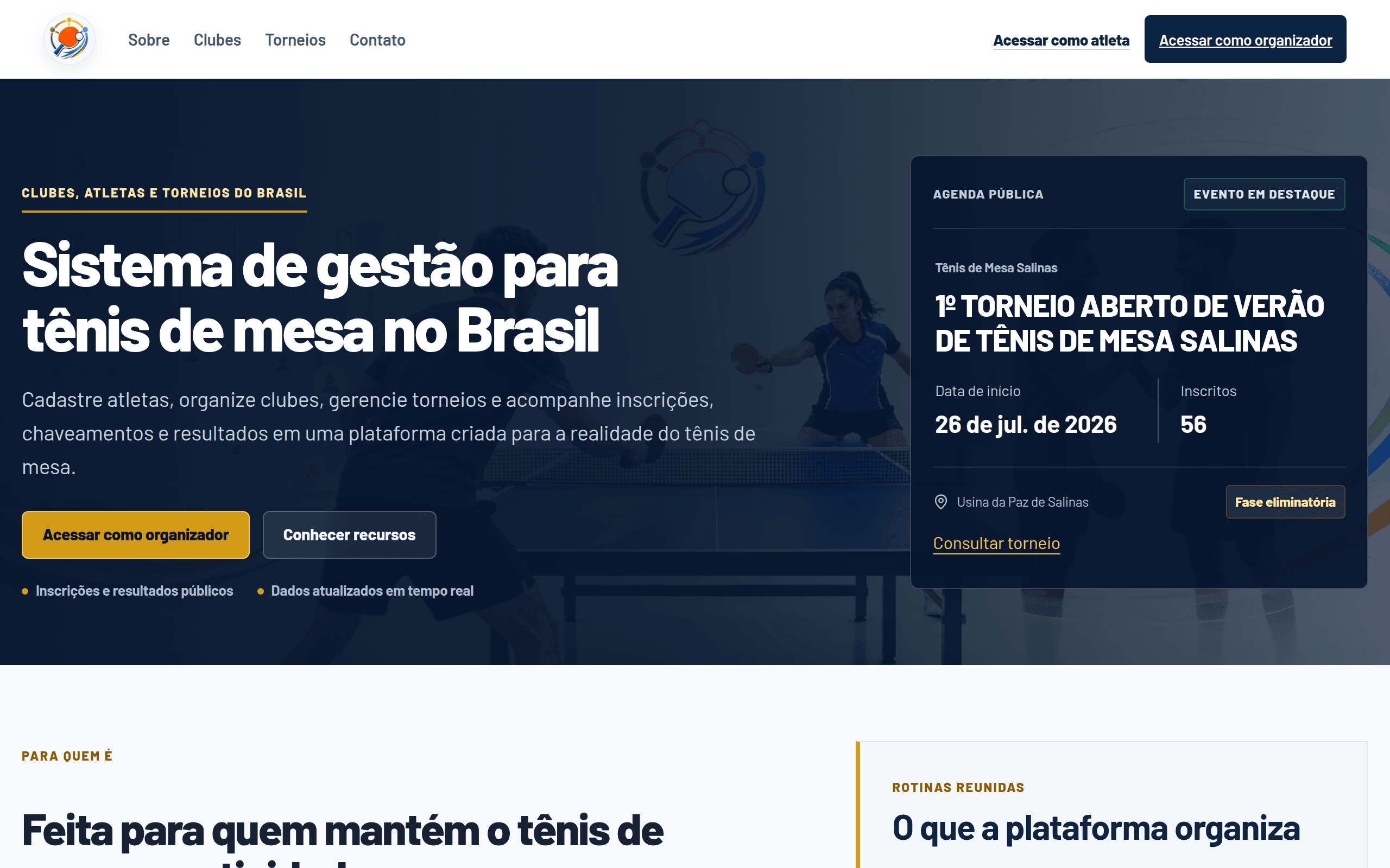 Plataforma de Tênis de Mesa do Brasil (PTMB): página inicial do site público